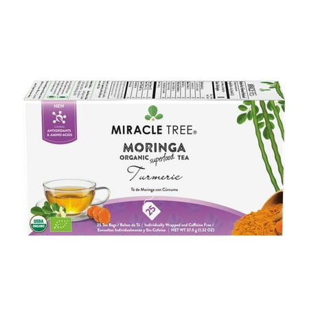 Miracle Tree Organic Digestive Superfood Herbal Antioxidant Moringa Tea Bags, 25 Count, Turmeric