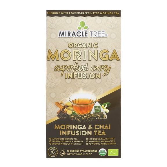 Miracle Tree Moringa Energy Infusions - Chai Flavored Superfood Tea, Organic Certified & Non-GMO, 16 Pyramid Sachets