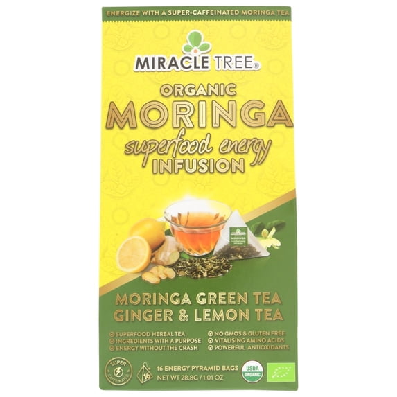 Mircale Tree Tea Miracle Tree Moringa Energy Tea, Ginger Lemon, 16 Pyramid Sachets ...