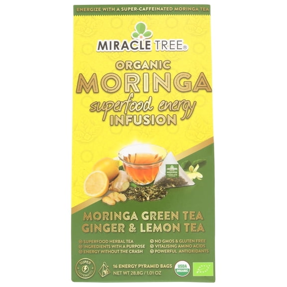 Miracle Tree Organic Moringa Energy Tea Ginger Lemon Gluten-Free 16 Sachets