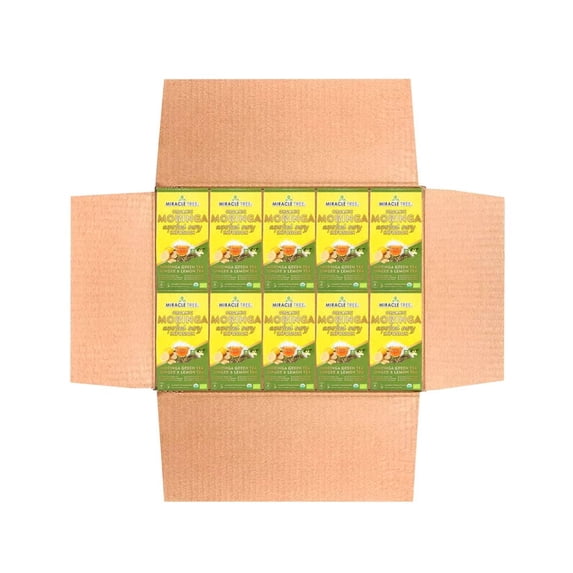 Miracle Tree's Moringa Energy Tea - Green Tea, Ginger & Lemon | Super Caffeinated Blend | Healthy Coffee Alternative, Perfect for Focus | Organic Certified & Non-GMO | 10 X 16 Pyramid Sachets