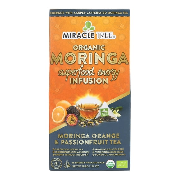 Miracle Tree Moringa Energy Tea, Orange & Passionfruit, Organic, Non-GMO, 16 Pyramid Sachets