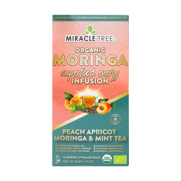 Miracle Tree's Moringa Energy Tea - Peach Mint Apricot | Super Caffeinated Blend | Healthy Coffee Alternative, Perfect for Focus | Organic Certified & Non-GMO | 16 Pyramid Sachets
