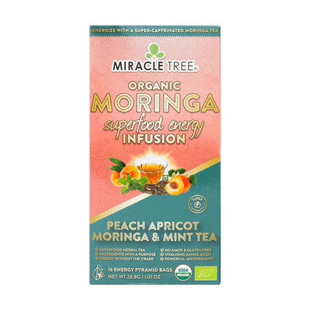 Miracle Tree Moringa Energy Infusions - Peach Mint Apricot | Organic Certified & Non-GMO | 16 Pyramid Sachets