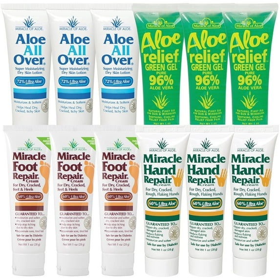 Miracle of Aloe Problem Solver Assortment | 12 pcs/1 ounce tubes | Miracle Foot Repair, Miracle Hand Repair, Aloe Green Relief Gel, Aloe All Over