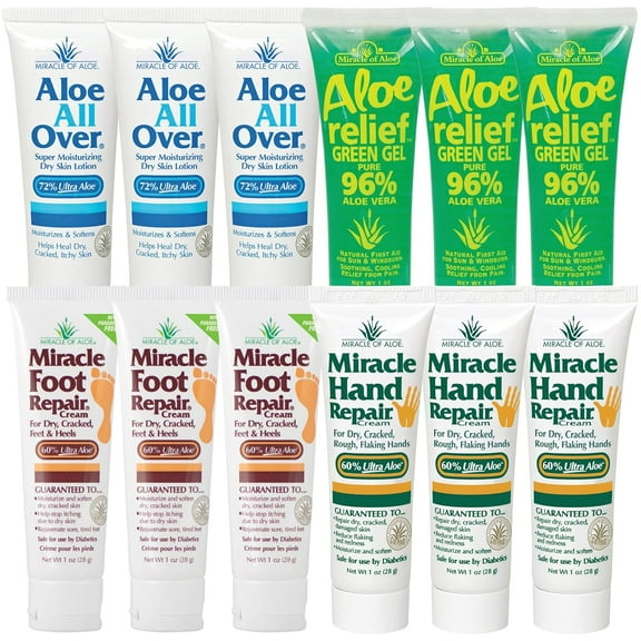 Miracle of Aloe Problem Solver Assortment | 12 pcs/1 ounce tubes | Miracle Foot Repair, Miracle Hand Repair, Aloe Green Relief Gel, Aloe All Over