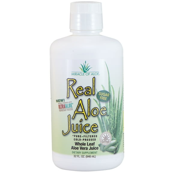 Miracle of Aloe, Real Aloe Juice from Aloe Vera Leaves, 100% Purified & Filtered, 1 quart bottle.
