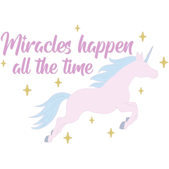 Miracles Happen All The Time - 20" x 27" Vinyl Home Art Inspirational Quotes Decoration Multicolored Unicorn Silhouette Design Adhesive Wall Decal - Removable Kids Bedroom Nursery Wall Dcor Sticker
