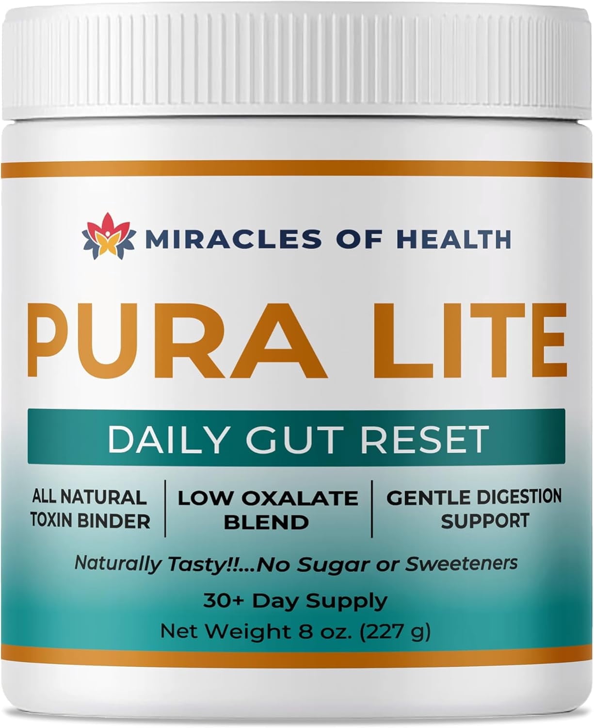 Miracles of Health Pura Lite | Daily Gentle Toxin Binder & Digestive Mix | Gut Wellness, Regularity | Psyllium, Flax, Fennel, Licorice | 100% Natural, Sugar-Free, Low Oxalate | 1 Month Supply
