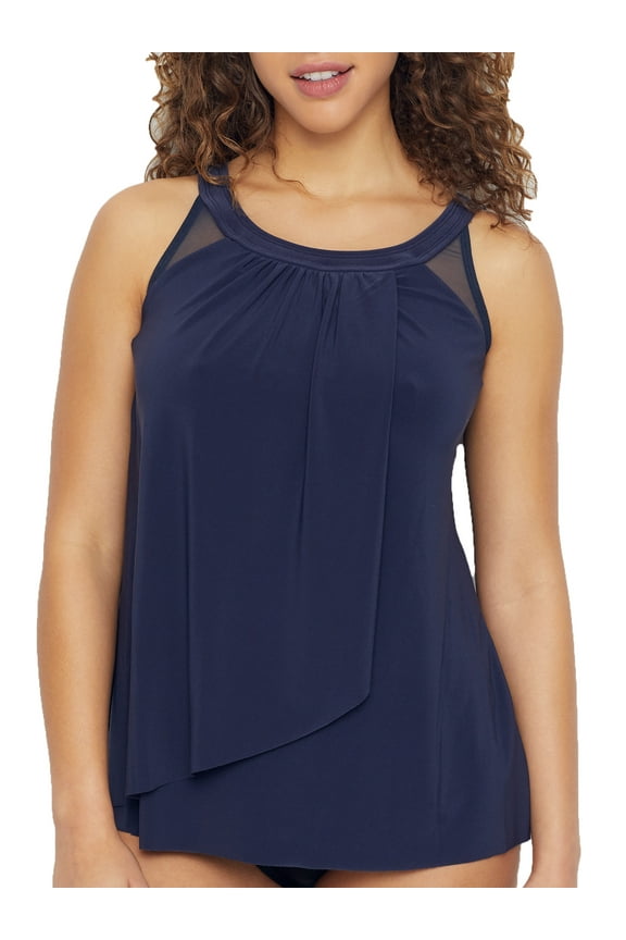 Women's Swimwear Illusionist Ursula Hidden Underwire Mesh Detail Tankini Bathing Suit Top, Midnight, 12