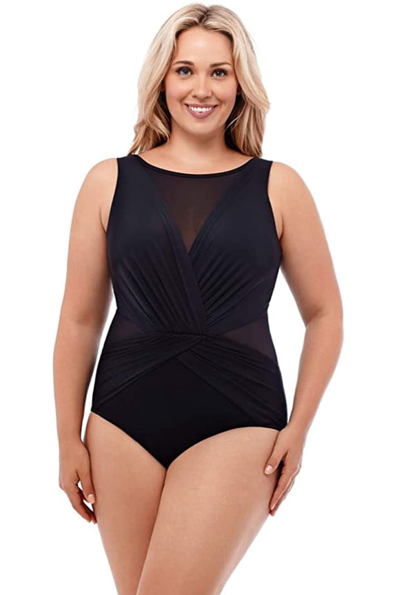 Womens Swimwear Plus Size Illusionist Palma Tummy Control Soft Cup High Neckline One Piece Swimsuit 18 Plus Black