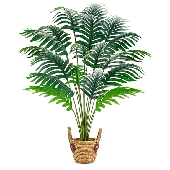Miracliy 1 Pack 70cm Artificial Areca Palm Plant, Faux Tropical Palm Greenery with Black Gold Striped Plastic Pot & Woven Handle Basket, Indoor Housewarming Decor Gift Set with Complimentary Scented