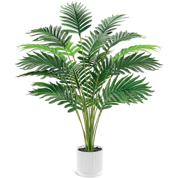 Miracliy 1 Pack Artificial Areca Palm Plant with White Pot & Black Pebbles, Fake Palm Tree for Indoor Home Decor, Come With 2 Scent Sachets as Gift