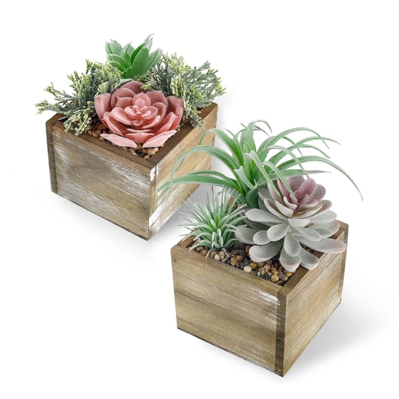 Miracliy 2 Pack Artificial Succulent Plants in Rustic Wooden Square Planter Boxes, Faux Potted Mini Succulent Arrangements for Home Tabletop Desktop Decor