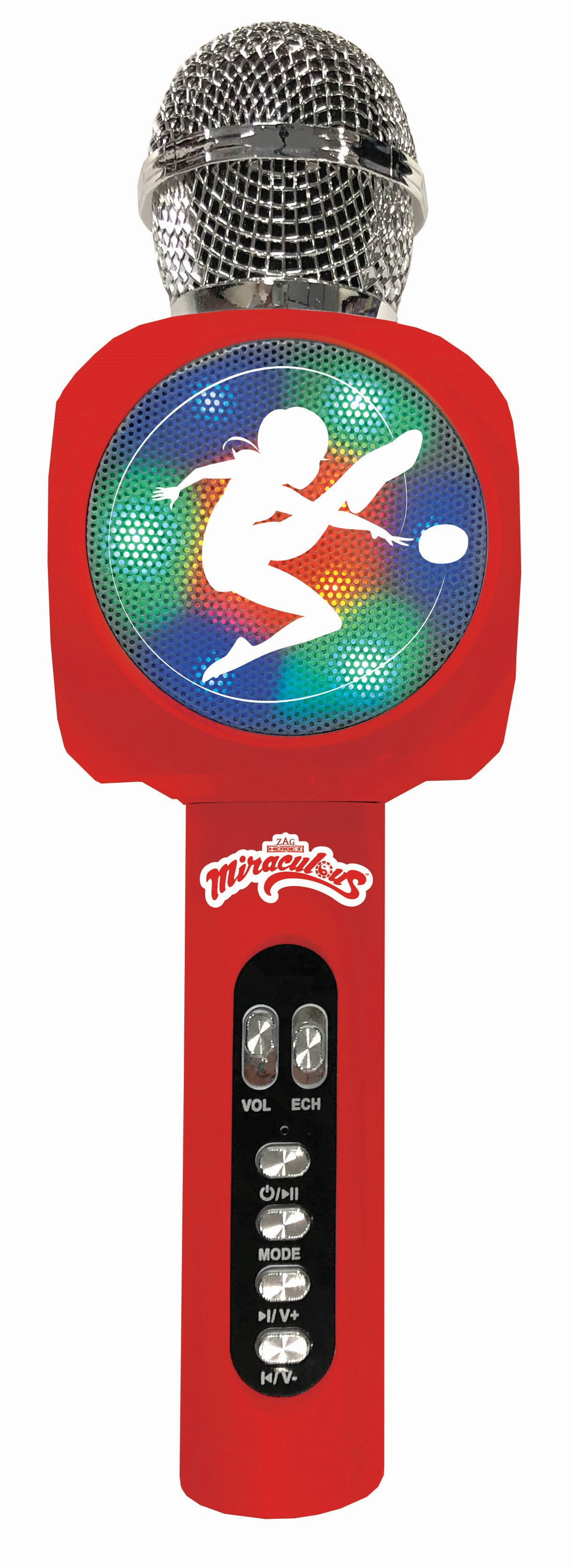 Lexibook Miraculous Wireless Microphone with Speaker, Lights and Voice Changer, Bluetooth, USB, Micro SD, Silver/Red