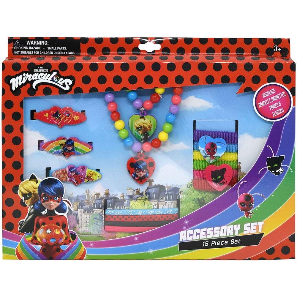 Miraculous Ladybug 15 Piece Accessory Box Set with Jewelry in Box NECKLACE BRACELET PONIES ELASTICS