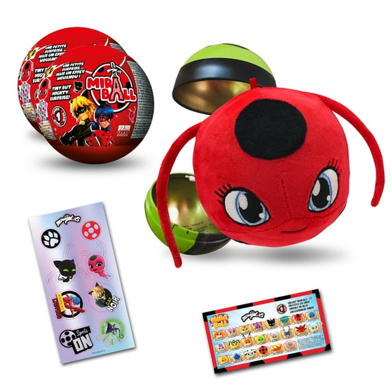 Miraculous Ladybug, 4-1 Surprise Miraball, 2 Pack, Toys for Kids with Collectible Character Metal Ball, Kwami Plush, Glittery Stickers and White Ribbon, Wyncor