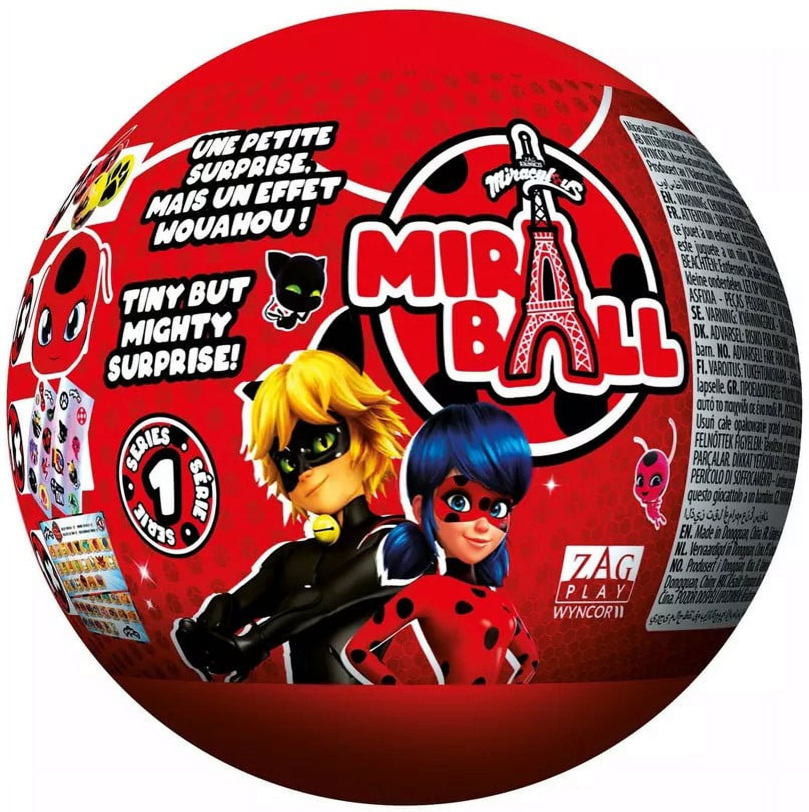 Miraculous Ladybug, 4-1 Surprise Miraball, Toys for Kids with Collectible Character Metal Ball, Kwami Plush, Glittery Stickers and White Ribbon