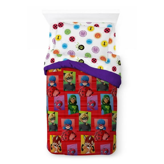 Miraculous Ladybug Squares Kids Twin Bed-in-a-Bag Set, 86 x 64 Microfiber, Red, Disney