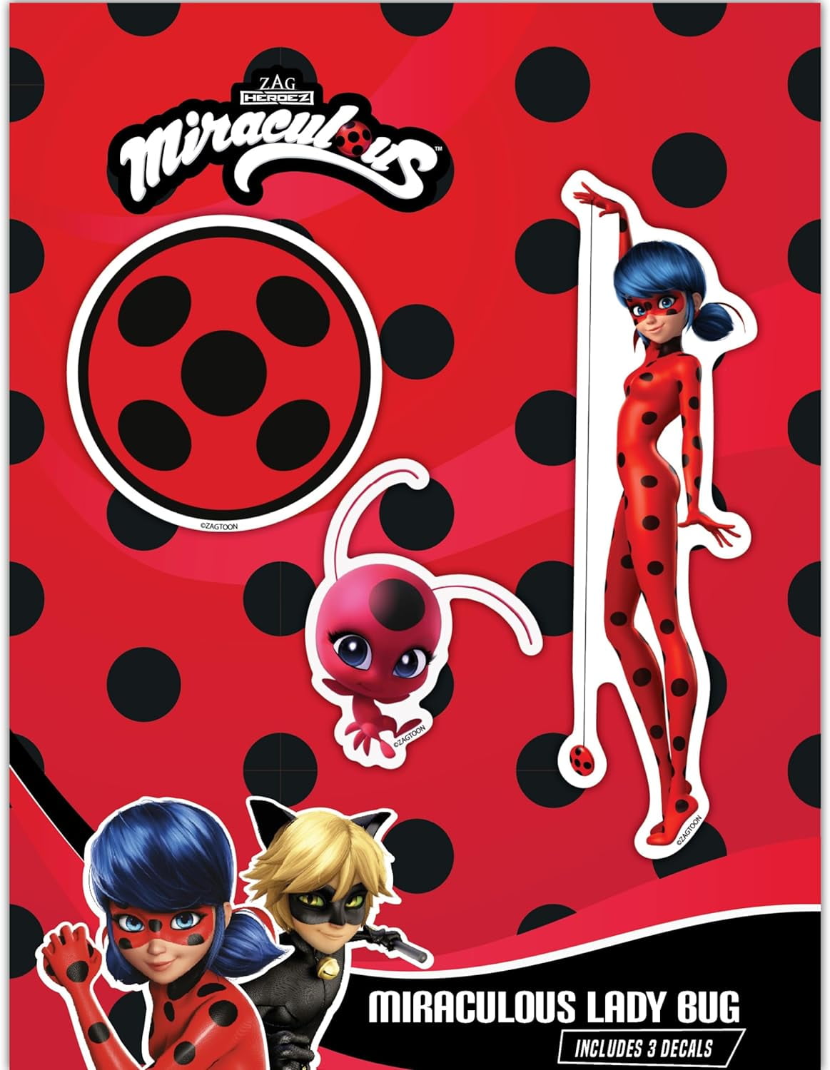 Miraculous Ladybug Decals - Set of 3 Ladybug, Tikki, Icon Vinyl Stickers for Water Bottle, Laptop, Tablet, Luggage - Tales of Ladybug and Cat Noir