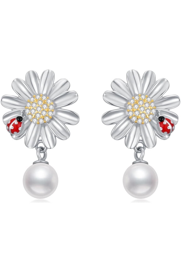 Miraculous Ladybug Earrings for Women, 925 Sterling Silver Lady Bug Daisy Earring, Pearl Dangle Earrings Ladybug Jewelry Gifts for women Birthday Mothers Christmas
