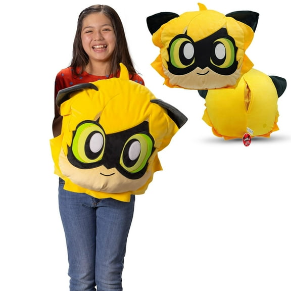 Miraculous Ladybug - Huggie Hideaway Cat Noir, 16.5-inch Black Plush Pillow, Super Soft Stuffed Toy for Kids with Large Zipper Secret Pocket in The Back, Wyncor