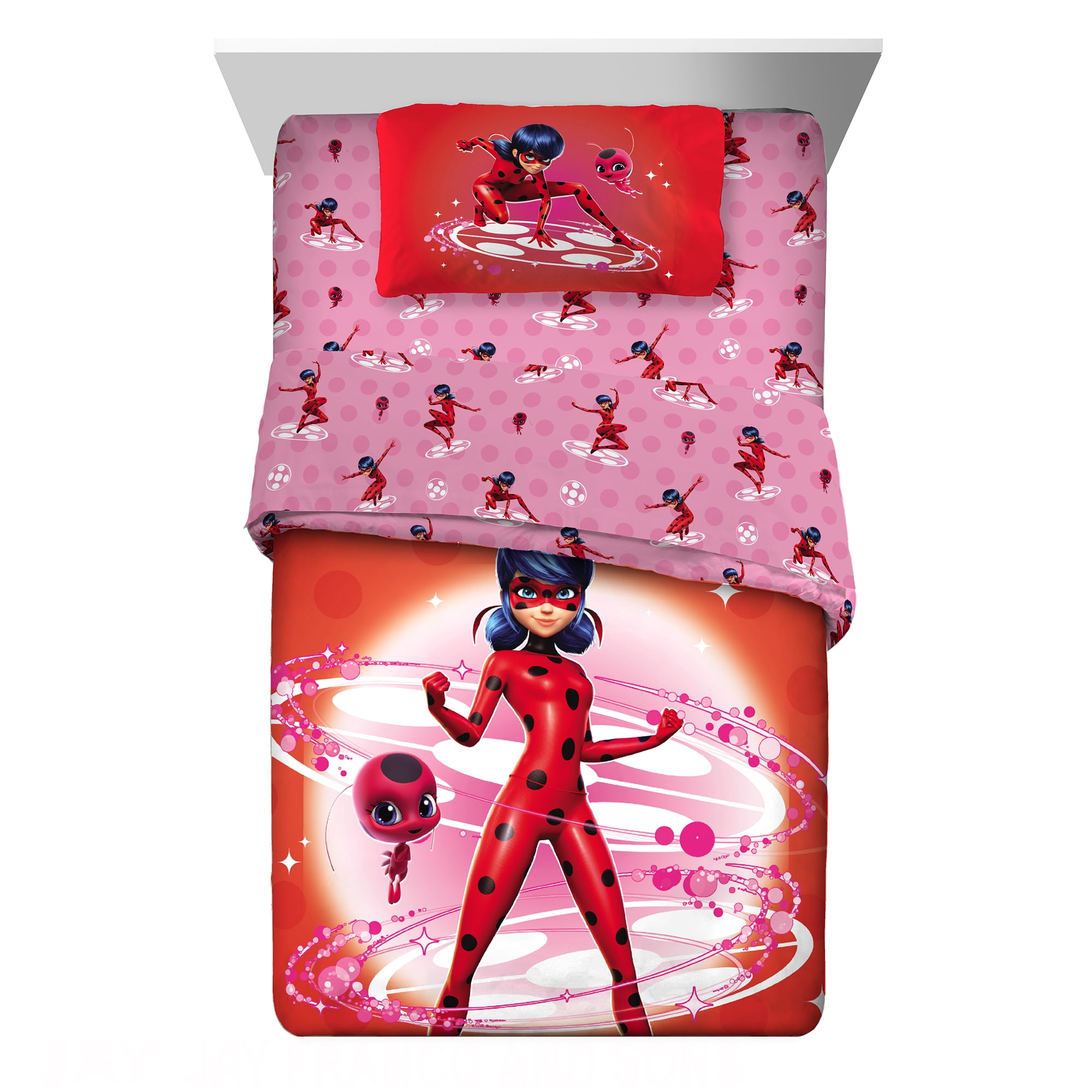 Miraculous Ladybug Kids 5 Piece Red Pink Reversible Comforter, Bed in a Bag, Full