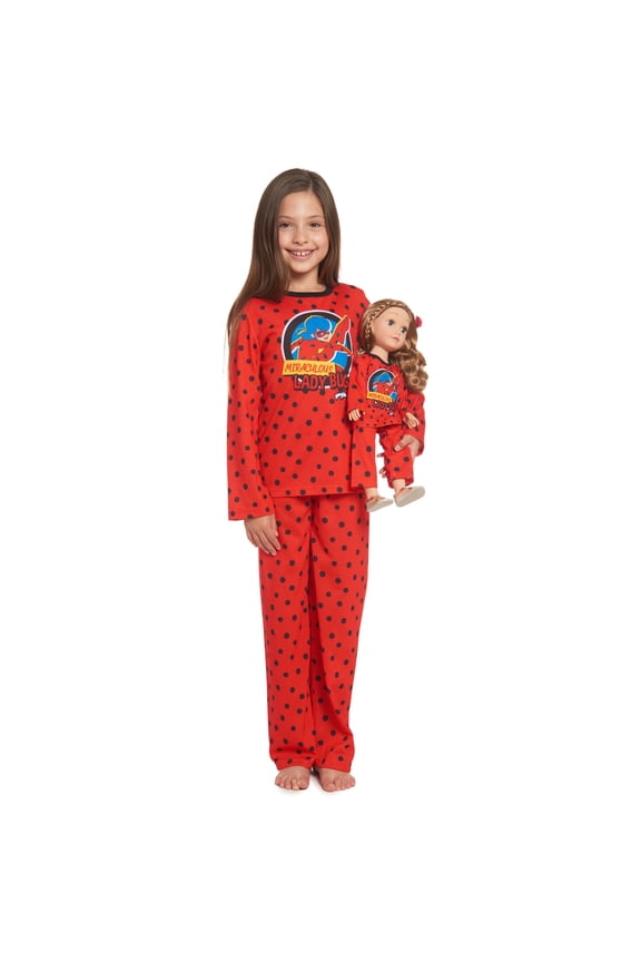 Ladybug Little Girls 4 Piece Pajama Shirt And Pants Matching Doll Outfit 10-12
