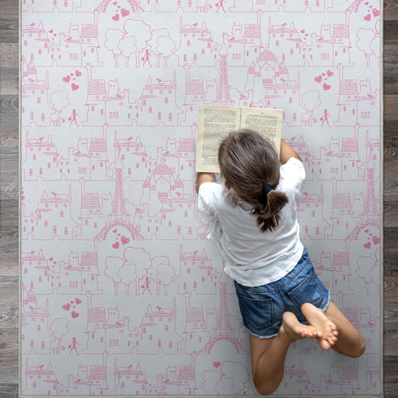Miraculous Ladybug Paris Streets White 5' x 7' Ivory Pink Area Rug by Well Woven