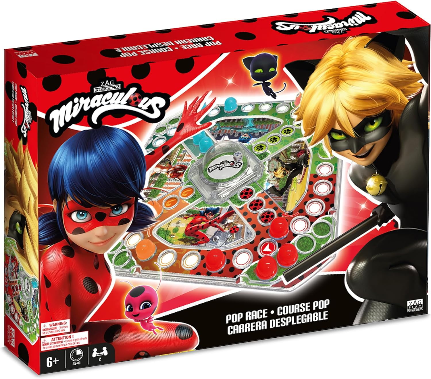 Miraculous Ladybug - Pop Race Paris, Vosges Park Board with Dice Dome and Colorful Movers, Board Game for Kids, 2-4 playeres, Toys for Kids Ages 6 and Up, Wyncor