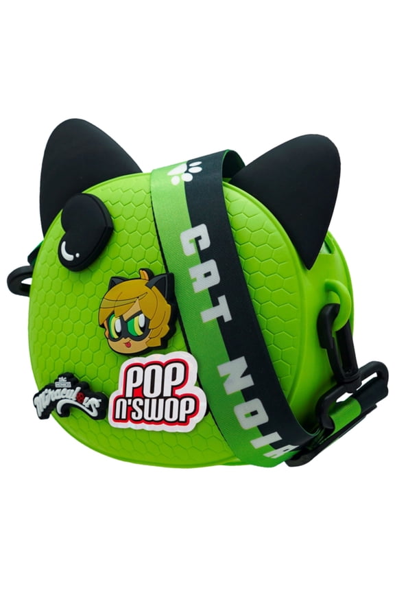 Miraculous Ladybug Pop n' Swop Green Mini Handbag with Adjustable Strap, Customizable Bag 4 Clip-on Badges, Accessory Bag, Lightweight Durable Waterproof Purse - Gift for Girls and Kids (Cat Noir)