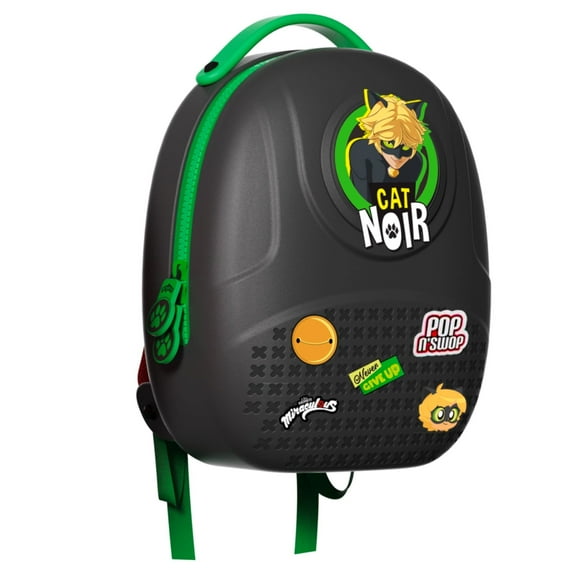 Miraculous Ladybug Pop n' Swop Kids Backpack for Back to School Green Handle - Customizable 6 Clip-on Badges, Lightweight Durable & Waterproof, School Bag with Adjustable Straps (Cat Noir)
