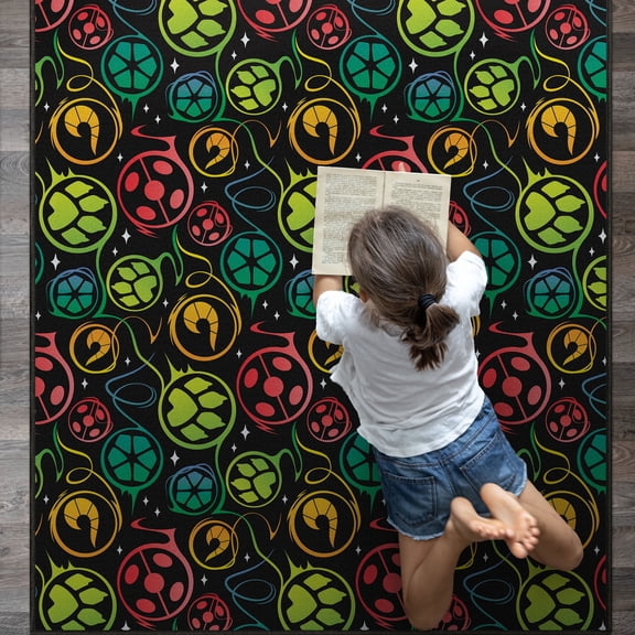 Miraculous Ladybug Repeat Badges Black 5' x 7' Black Area Rug by Well Woven