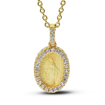 Miraculous Medal CZ Oval Virgin Mother Mary Pendent Necklace 14K Gold Plated Silver All Ages Unisex from LittleGoldDaisy