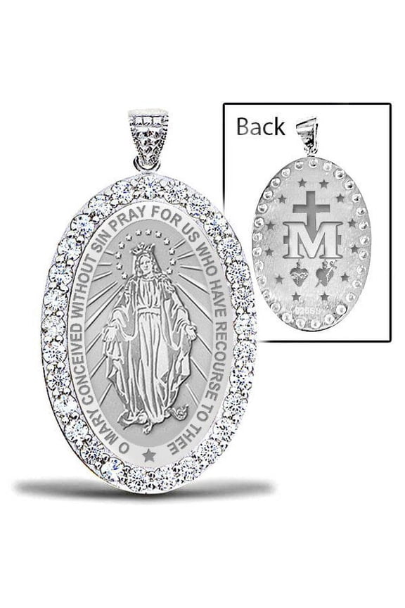 Miraculous Medal Double Sided CZ Oval Pendant - 3/4 Inch X 1 Inch- Sterling Silver