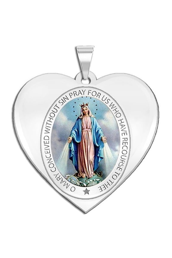 Miraculous Medal Heart Shaped Color  - 2/3 Inch X 2/3 Inch - Solid 14K White Gold