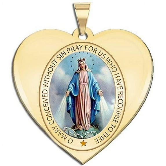 Miraculous Medal Heart Shaped Color - 2/3 Inch X 2/3 Inch - Solid 14K Yellow Gold