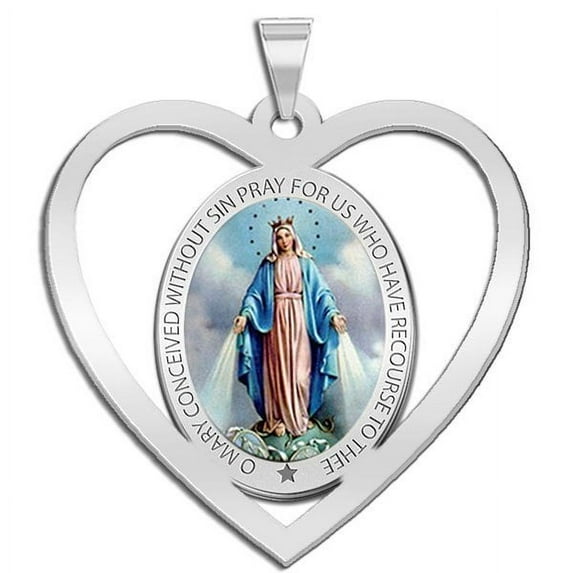 Miraculous Medal Heart Shaped Color Cut-out - 3/4 inx 3/4 in Solid 14K White Gold
