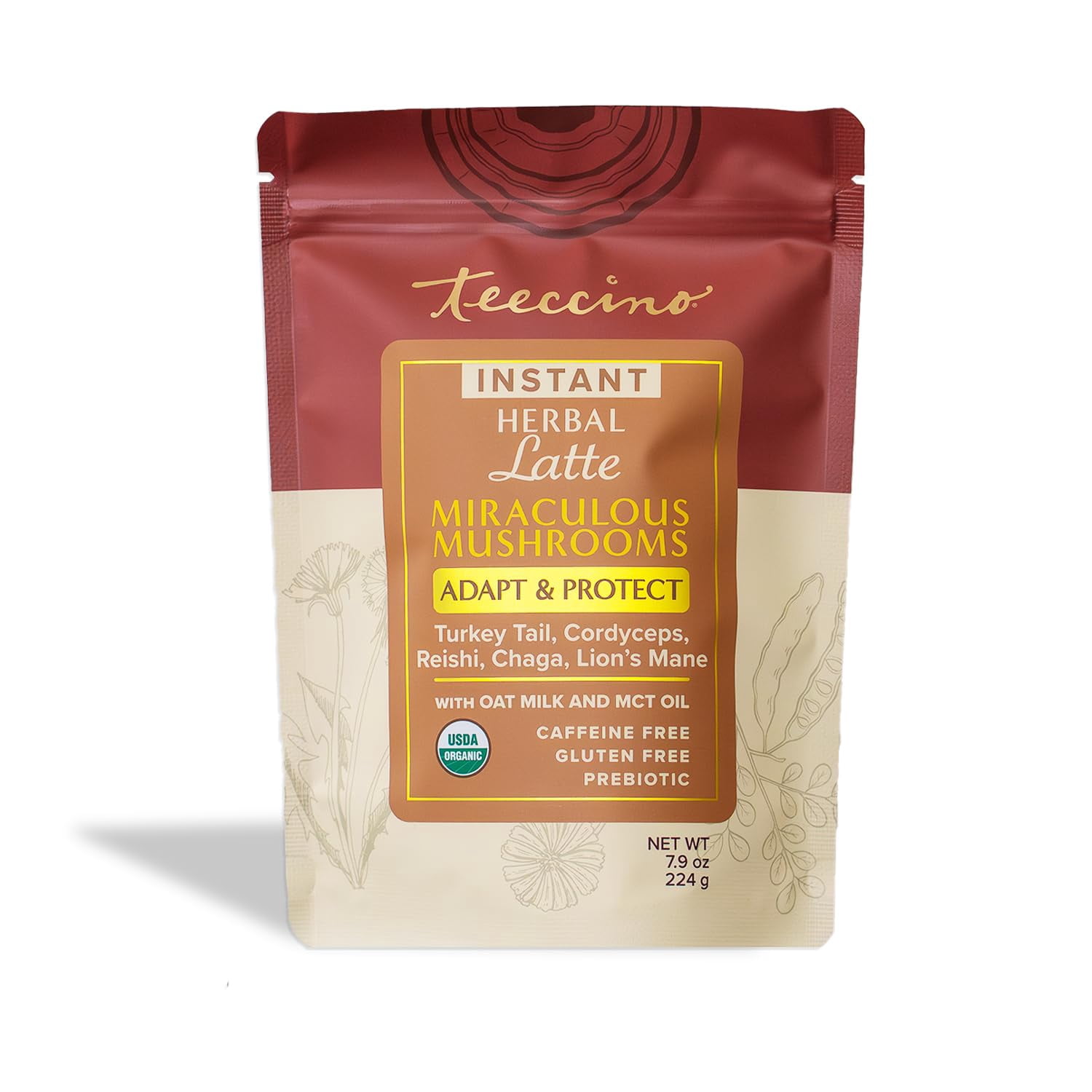 Miraculous Mushrooms Instant Adapt & Protect Herbal Latte By Teeccino – 16 servings -  Creamy Oat & Coconut Latte with Microground Herbs – 7.9Oz