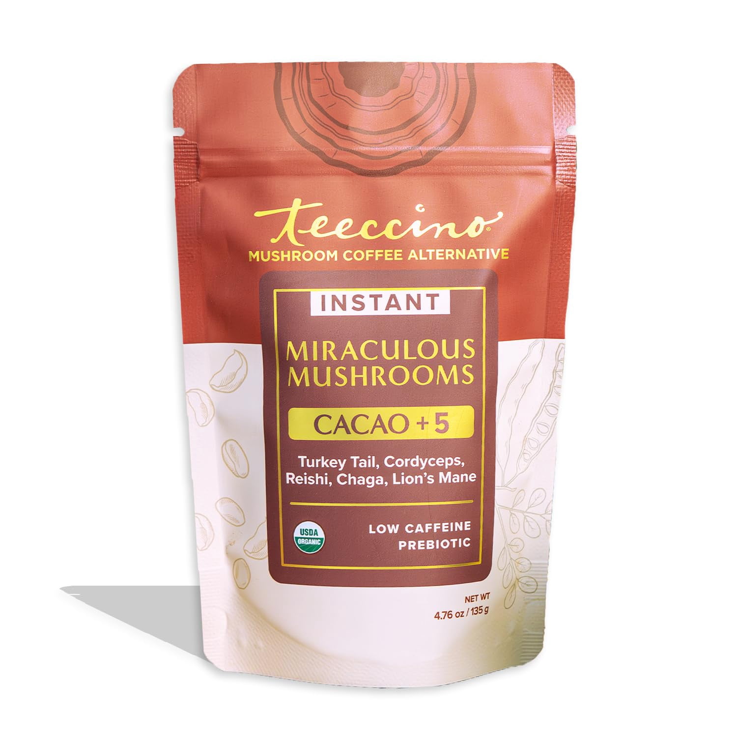 Miraculous Mushrooms Instant Cacao+5 Coffee Alternative by Teeccino – 15 servings - 5 Organic Adaptogenic Mushrooms with Cacao - Reishi, Lion’s Mane, Chaga, Turkey Tail, Cordyceps  - 4.7 ounces