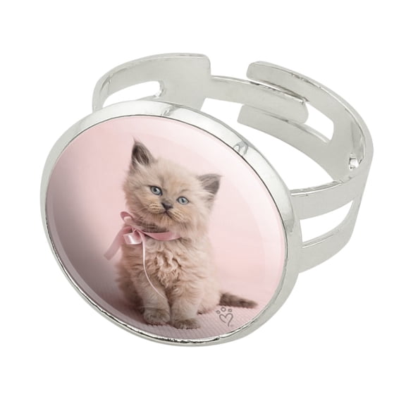 Miradoll Ragdoll Cat Kitten Pink Ribbon Bow Silver Plated Adjustable Novelty Ring