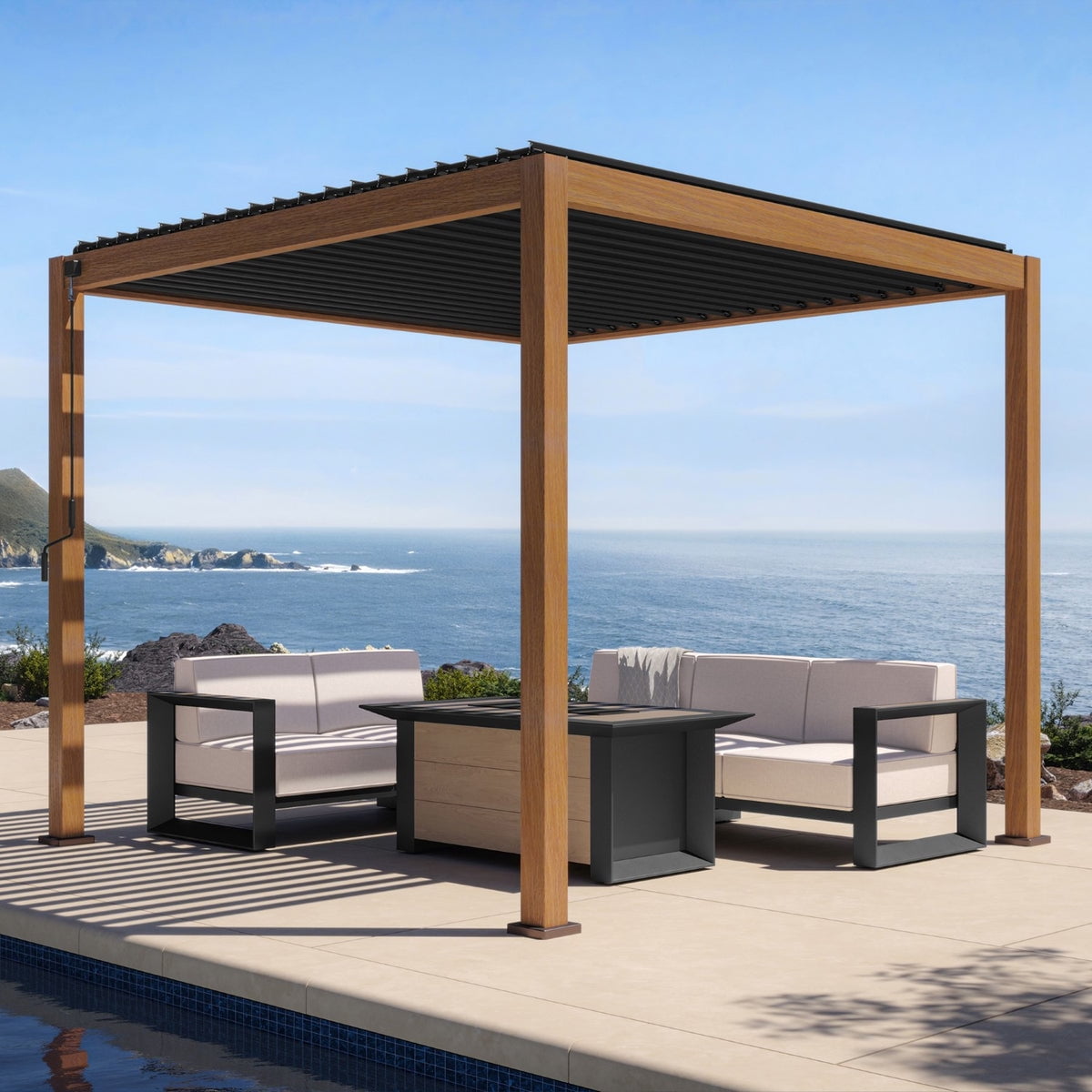 Walmart Saving of  Mirador 111S Modern Patio Pergola 10'x10', Metal Deck - Aluminum w/ Adjustable Louvered Roof, Cherry Oak