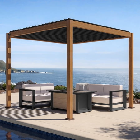 Mirador 10'x 10' 111S Outdoor Aluminum Pergola w/ Adjustable Rainproof Louver for Garden, Patio, Backyard, Takasho/Wood Grain