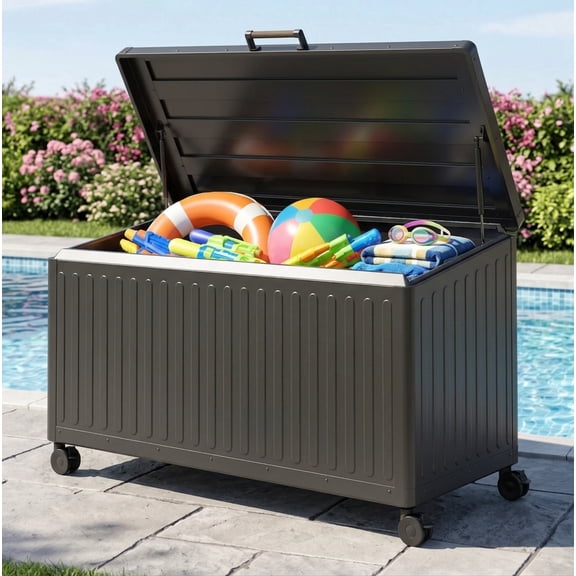 Mirador 134 Gallon Aluminum Deck Box, Heavy-Duty Outdoor Storage Box w/ Wheels & Lid, Latte
