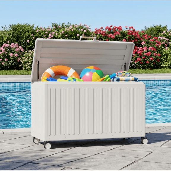 Mirador 134 Gallon Aluminum Deck Box, Heavy-Duty Outdoor Storage Box w/ Wheels & Lid, Latte