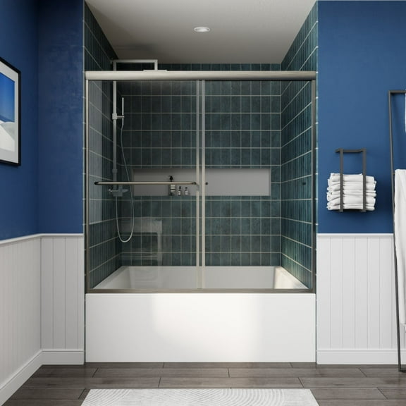 Glide-B Allsumhome 56-60" Framed Double Sliding Tub Door,Bypass Bathtub Shower Tempered Glass Door,Explosion-Proof Film,Brush Nickel