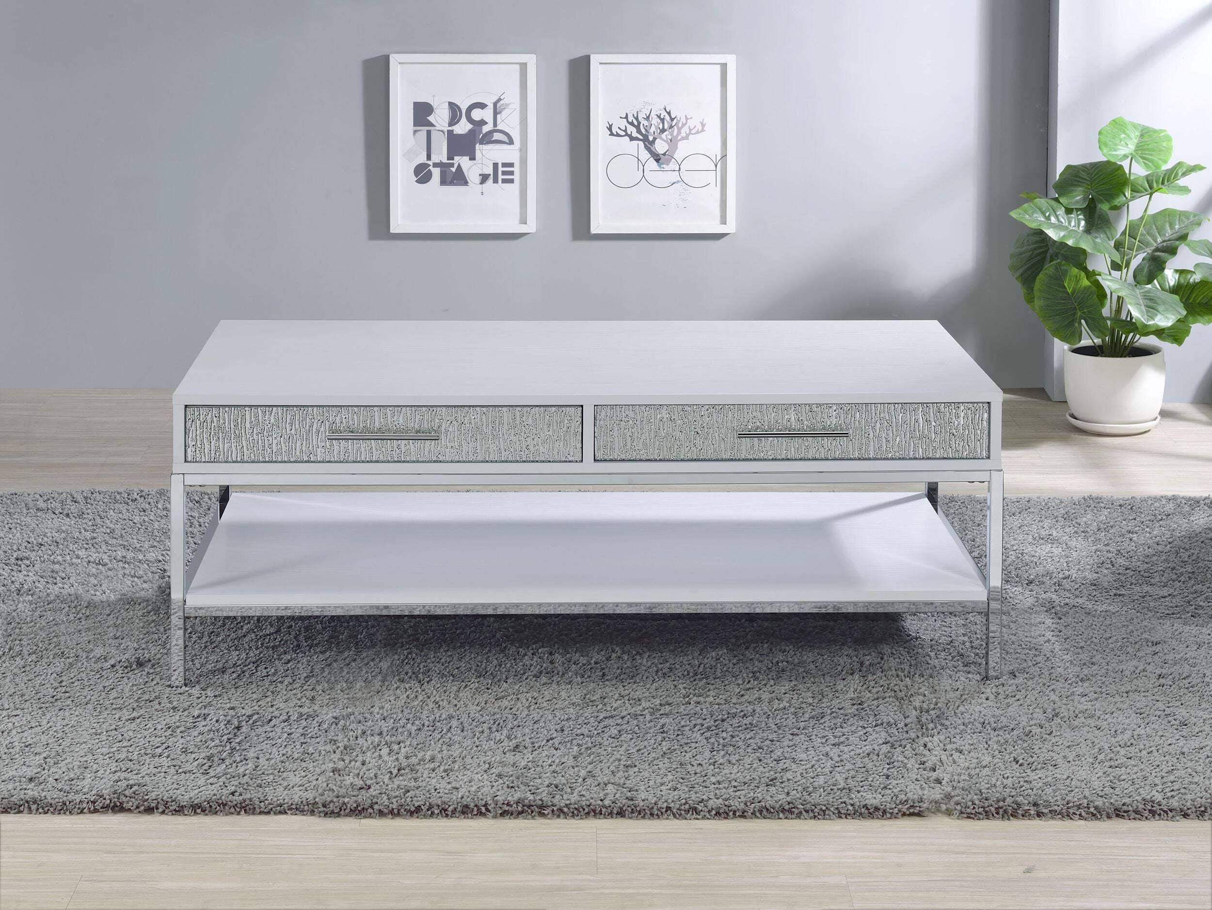 Mirage White Wood and Chrome Rectangular Coffee Table with Storage