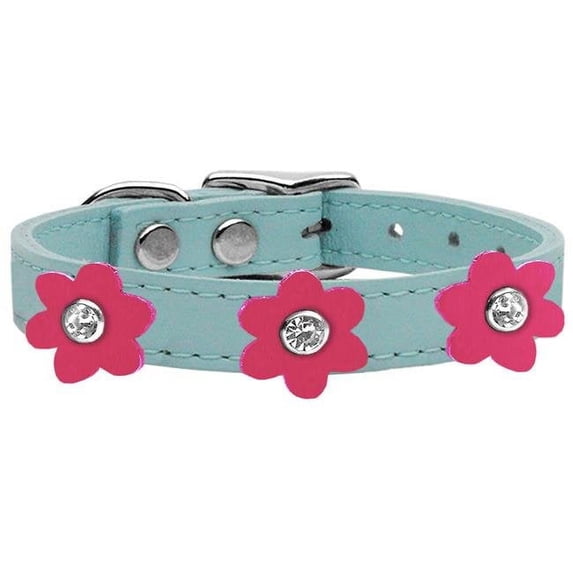 Flower Leather Collar Baby Blue With Pink Flowers Size 14