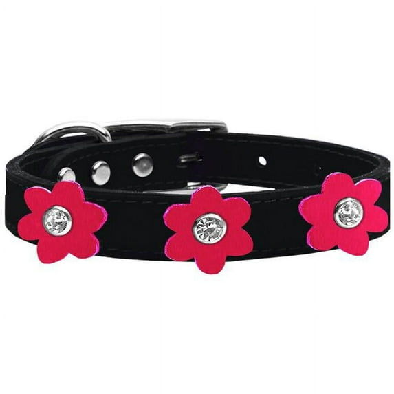 Flower Leather Collar Black With Bright Pink Flowers Size 12