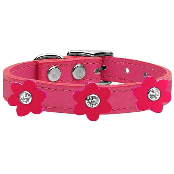 Flower Leather Collar Pink With Bright Pink Flowers Size 14